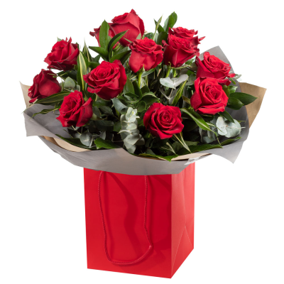 For My Sweetheart - Who can resists 12 red roses - such grand romantic gesture that shows how much you care! With matching lush foliage, the hand-tied bouquet is delivered in a box or bag in an aqua pack to ensure freshness.
Select medium for 18 roses and for an even grander gesture - select large for 24 red roses! Wow!